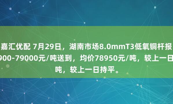 嘉汇优配 7月29日，湖南市场8.0mmT3低氧铜杆报价78900-79000元/吨送到，均价78950元/吨，较上一日持平。